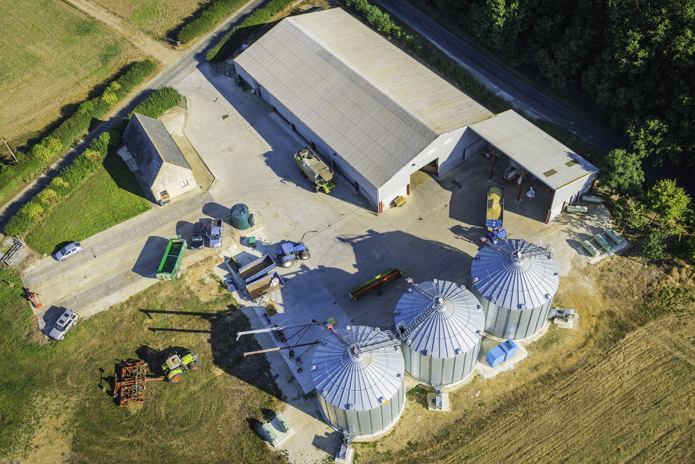 Overhead shot of farm and hemp extract processing facility to CBD oil.