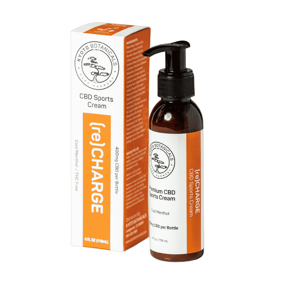 Kyoto Botanicals CBD Sports Cream bottle and box with 1000mg CBD and cool menthol and camphor for muscle recovery