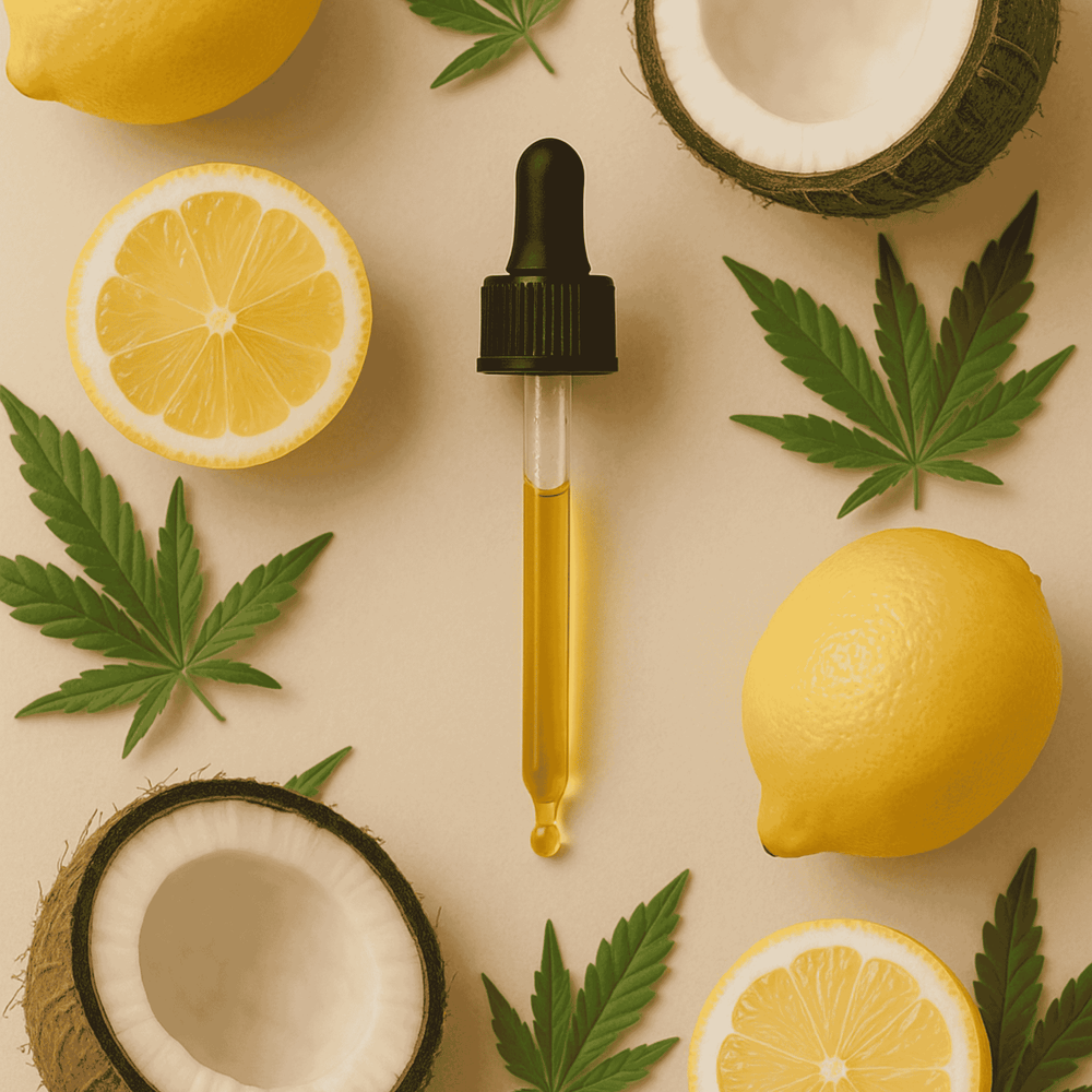 Broad-spectrum lemon CBD oil dropper with fresh lemons, coconut halves, and hemp leaves on beige background — organic THC-free hemp tincture.