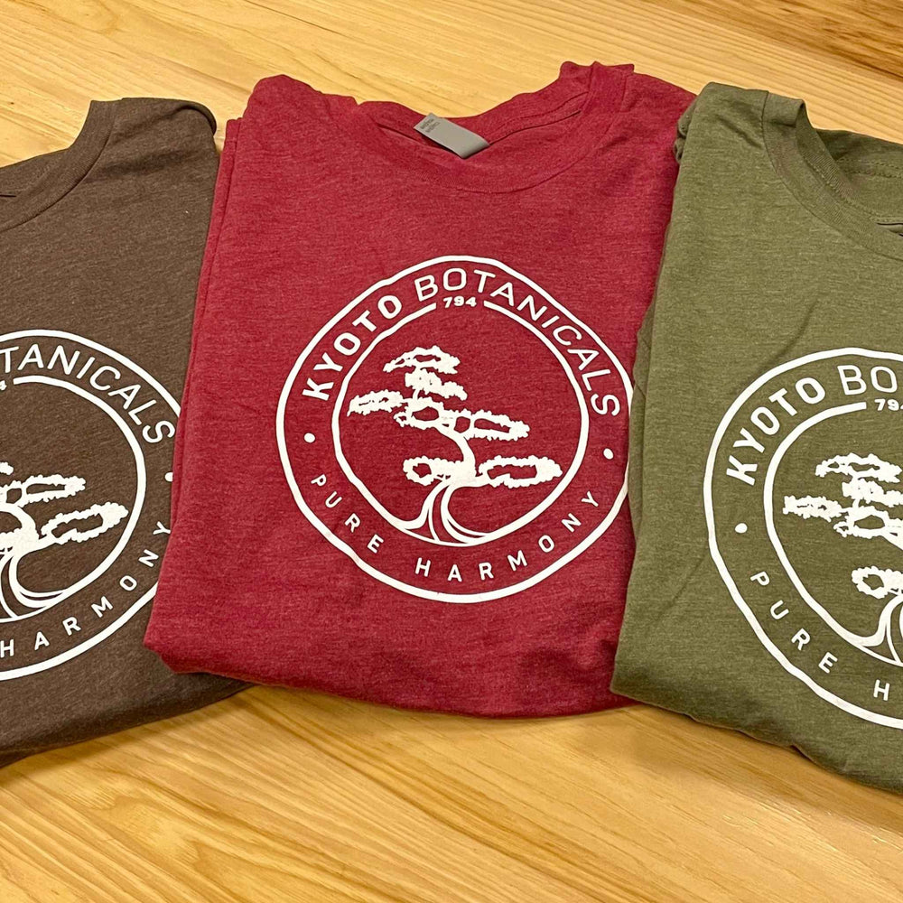 Three Kyoto Botanicals logo t-shirts in charcoal, burgundy, and olive colors neatly folded on wooden surface — Pure Harmony bonsai design apparel.