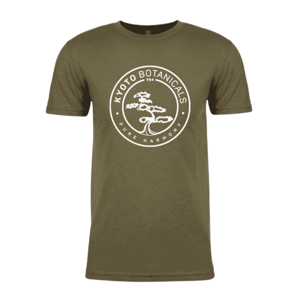 Olive green Kyoto Botanicals t-shirt with Pure Harmony bonsai logo printed in white — soft unisex organic cotton apparel.