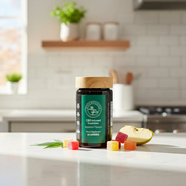 25mg CBD Gummies for Calm with fruit and CBD on a kitchen counter.
