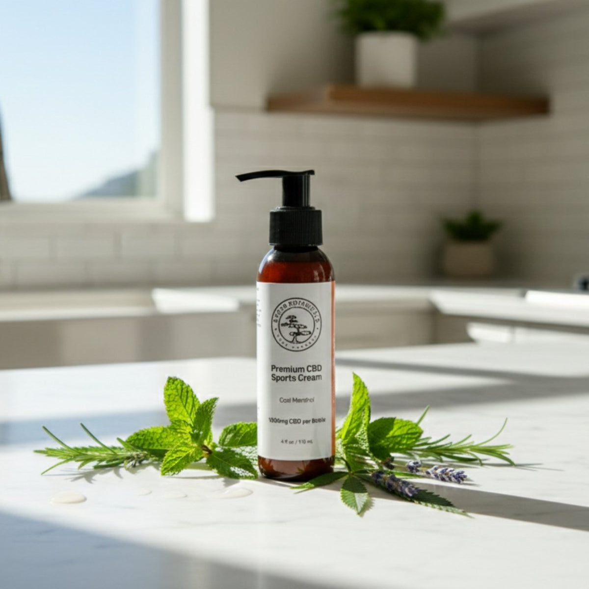 Kyoto Botanicals THC-Free CBD Sports Cream pump bottle on a white marble kitchen counter with fresh herbs and hemp ingredients.