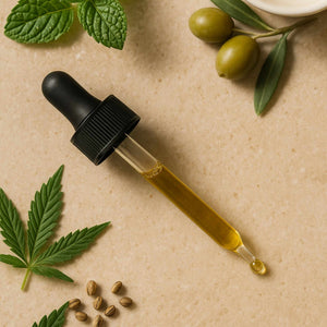 Black dropper with golden CBD oil on natural stone, surrounded by fresh mint leaves, olives in oil, and a hemp leaf with seeds