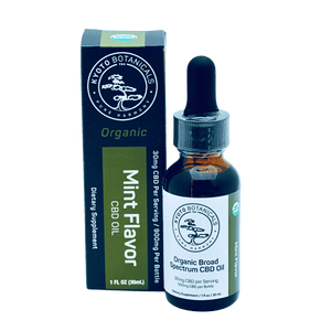 Broad-spectrum THC-free peppermint CBD tincture close-up label.